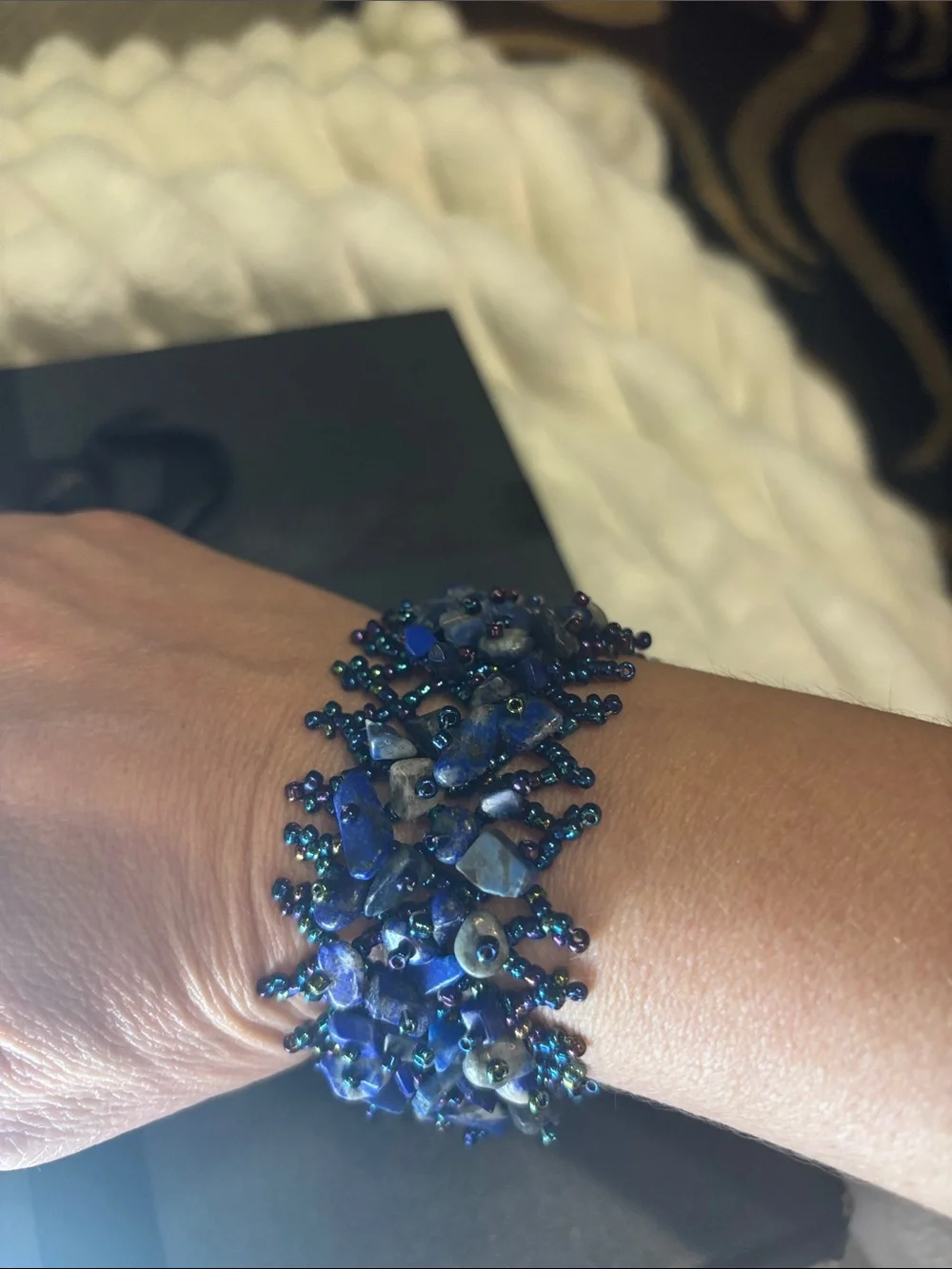 Handmade Blue Beaded and Stone Cluster Bracelet 8”